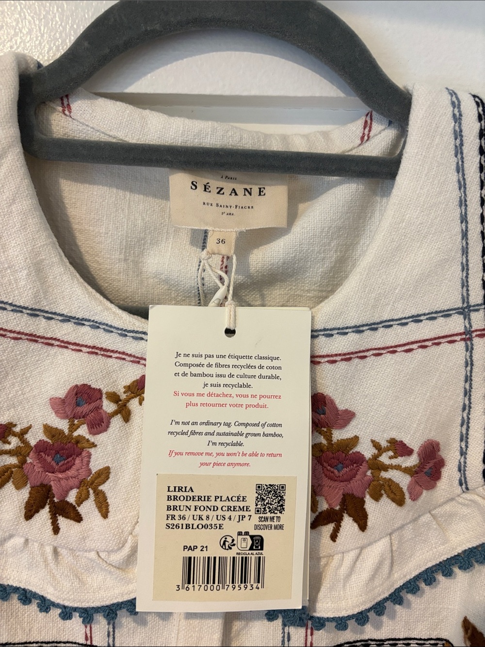 Sezane Liria Cream Embroidered Plaid Ruffle-Collar Blouse - Picture 2 of 2